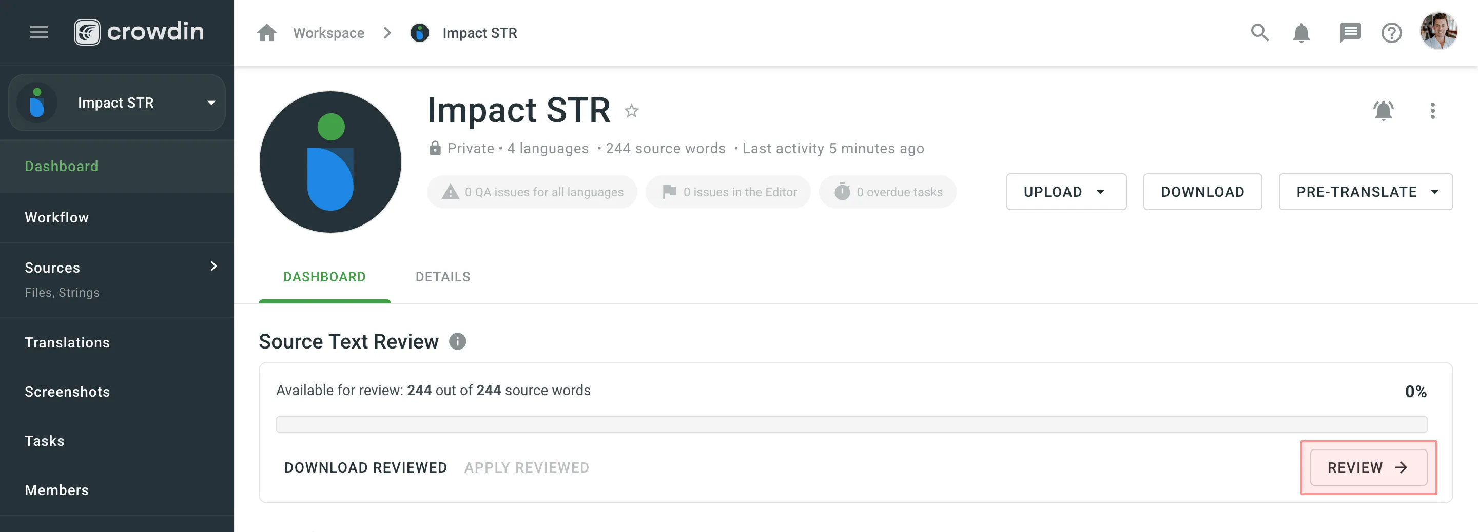 Source Text Review Section on the Dashboard